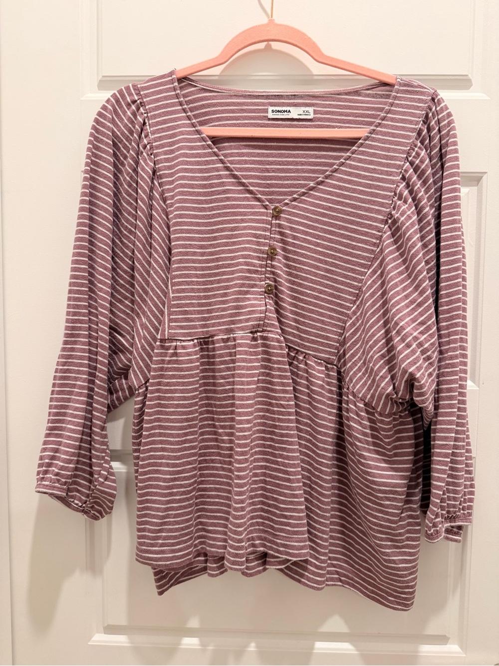 Sonoma Mauve and White Striped V-Neck Peplum Blouse Size XXL